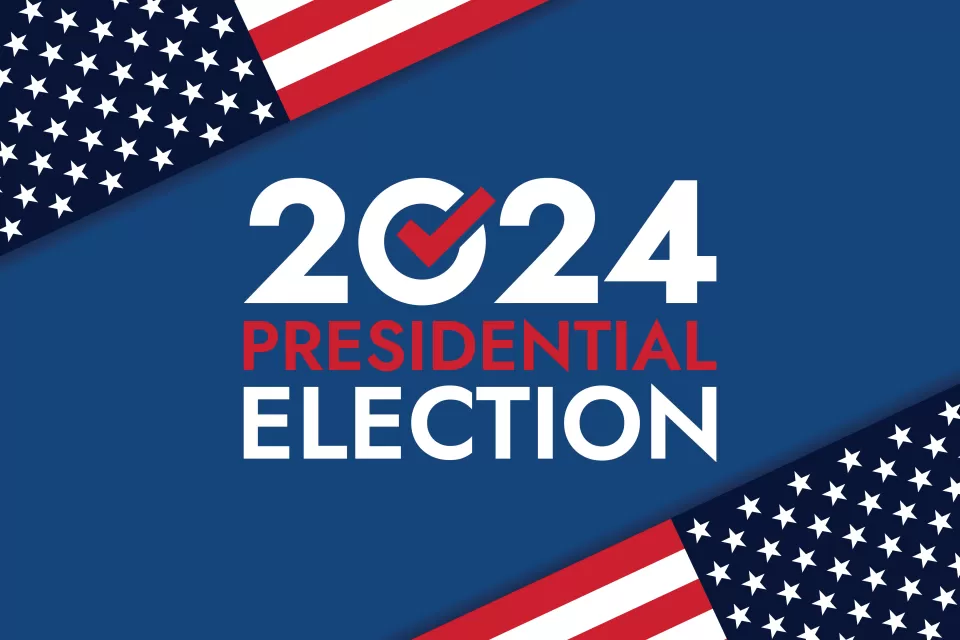 Graphic with blue background, flags, and text reading 2024 Presidential Election